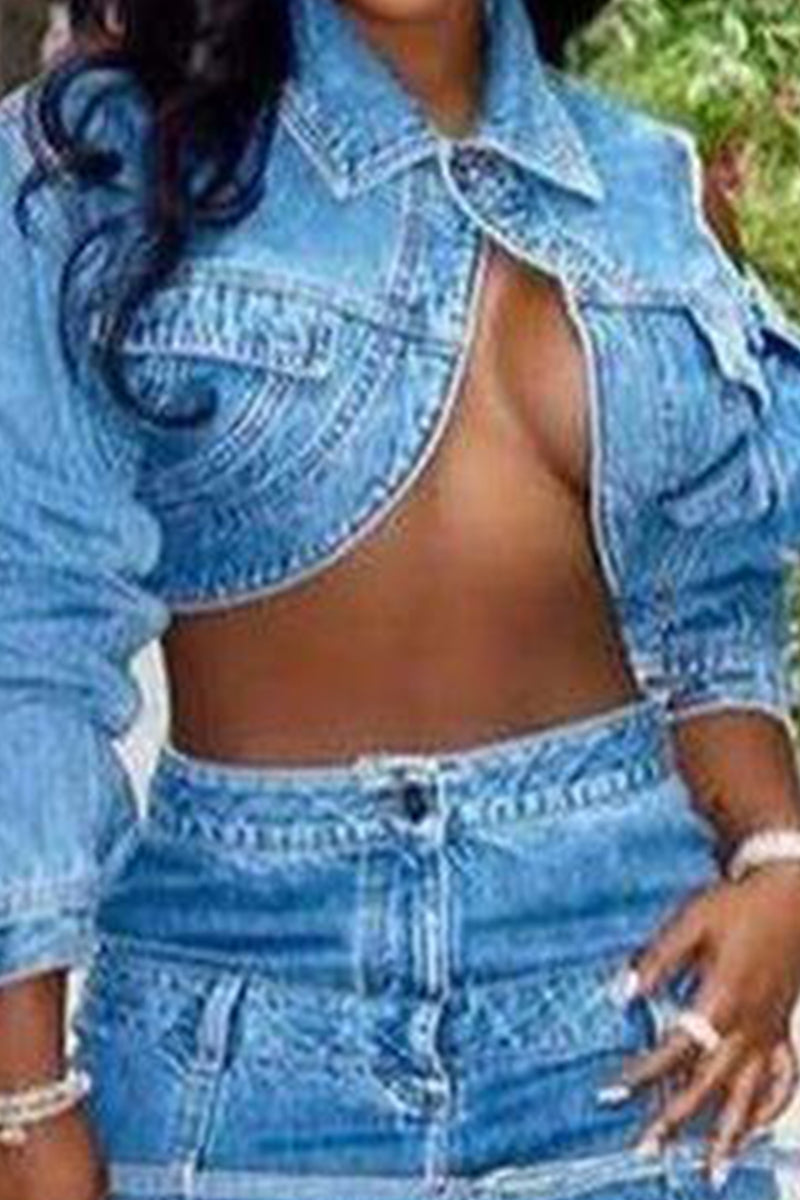 Women's Casual Long Sleeve Cropped Denim Jacket & Short Denim Skirt