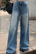 Women's Casual Pleated Wide Leg Denim Pants With Pockets