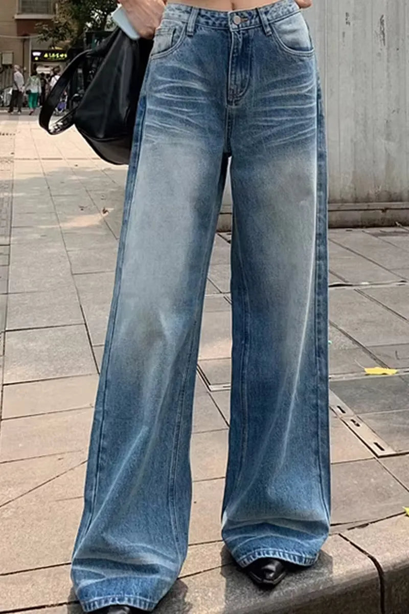 Women's Casual Pleated Wide Leg Denim Pants With Pockets