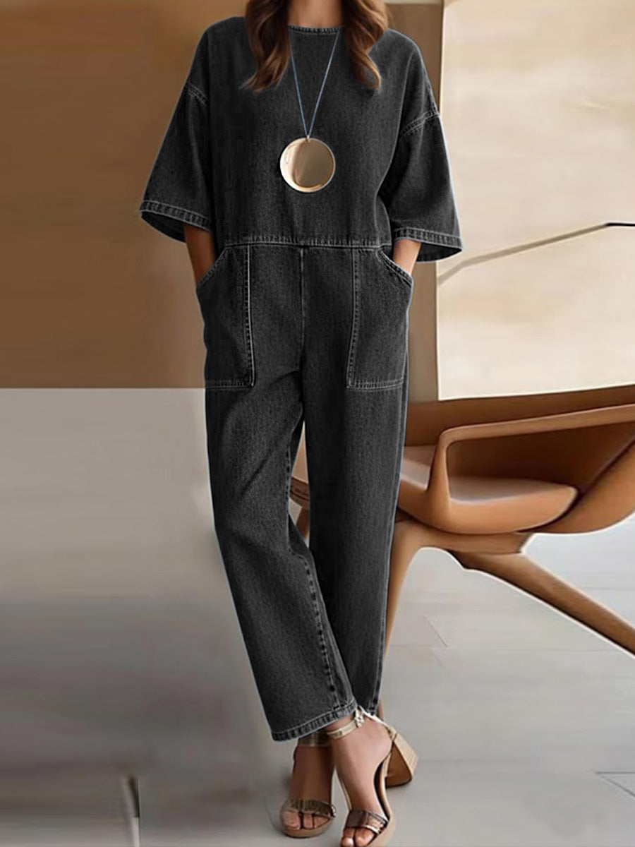 Women's Round Neck 3/4 Sleeve Casual Loose Denim Wide-leg Jumpsuit