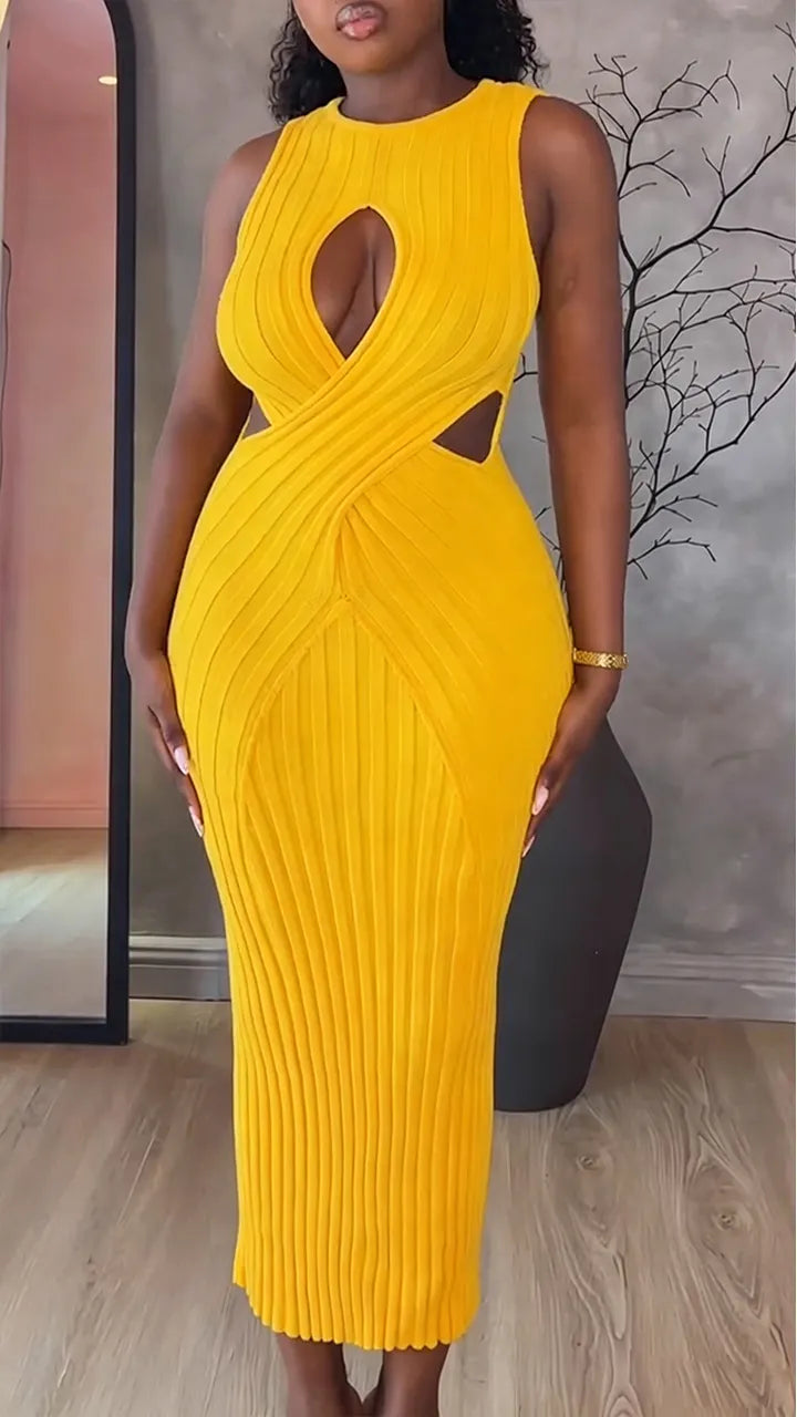 Women Round Neck Sleeveless Hollow Waist Solid Color Elegant Temperament Dress