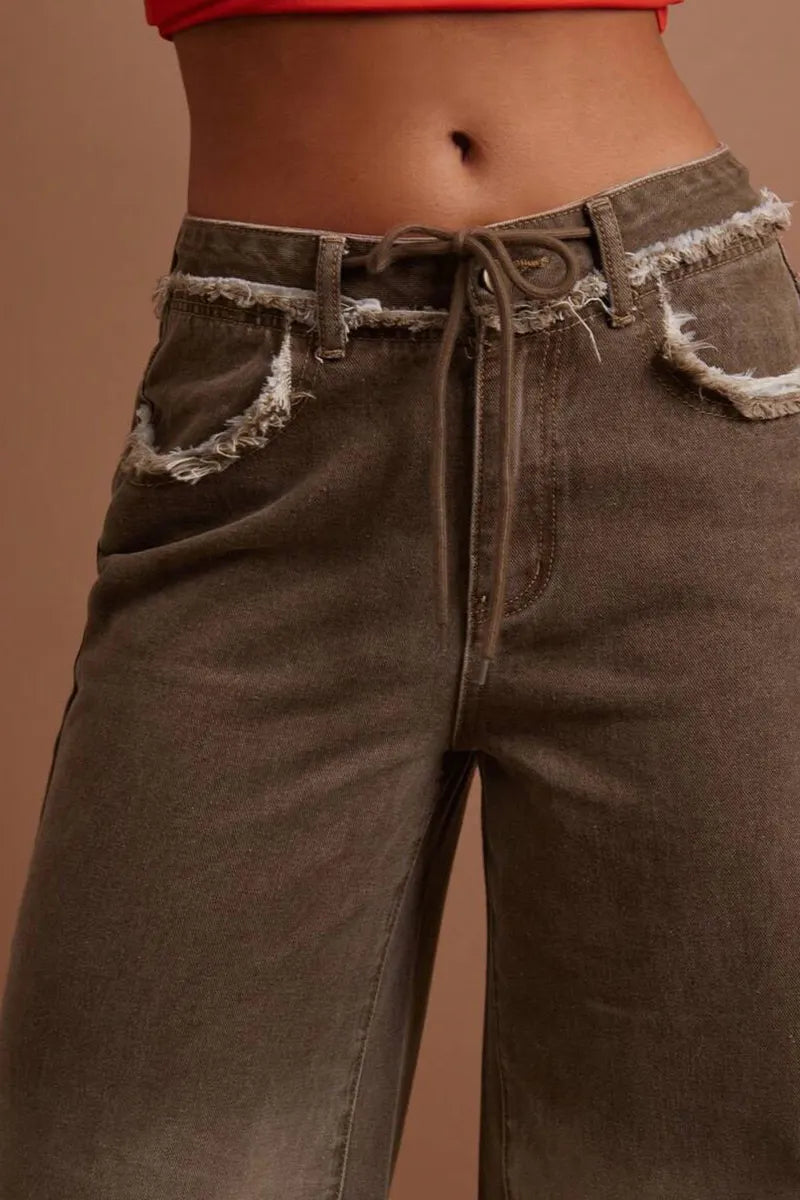 Women's Casual Front Button Pocket Frayed Hem Jeans