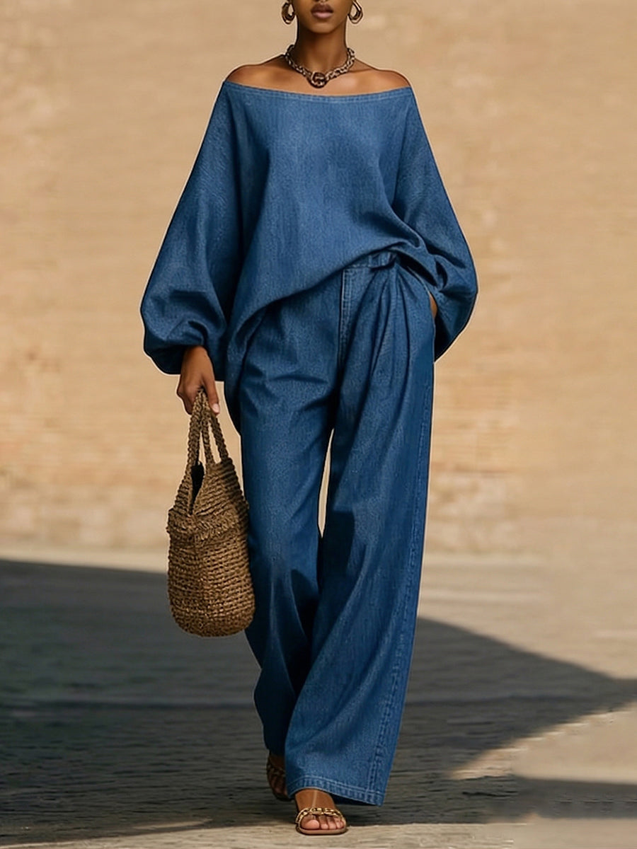 Stylish & Cozy Off-shoulder Denim Two-piece Set