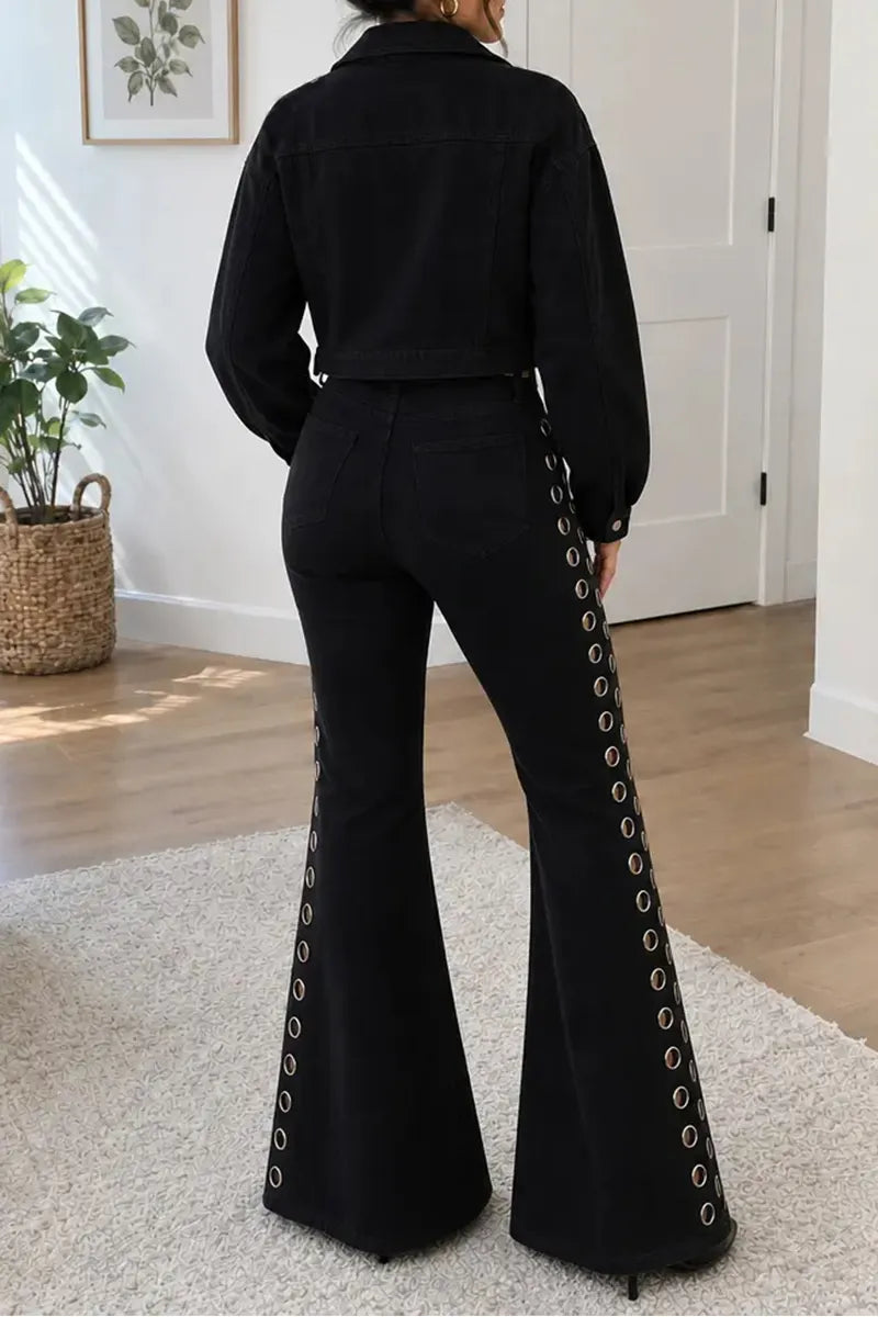 Women's Flare High Waist Denim Grommet Black  Jacket or Trousers
