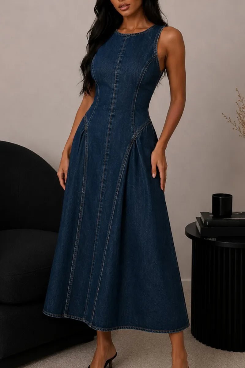 Women's Elegant Crewneck Backless A Line Hem Denim Dress