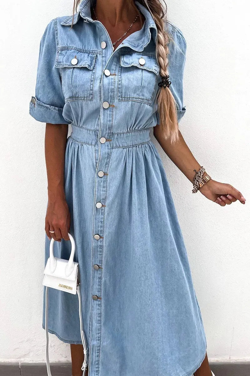 Fashion Lapel Waist Cinching Denim Dress