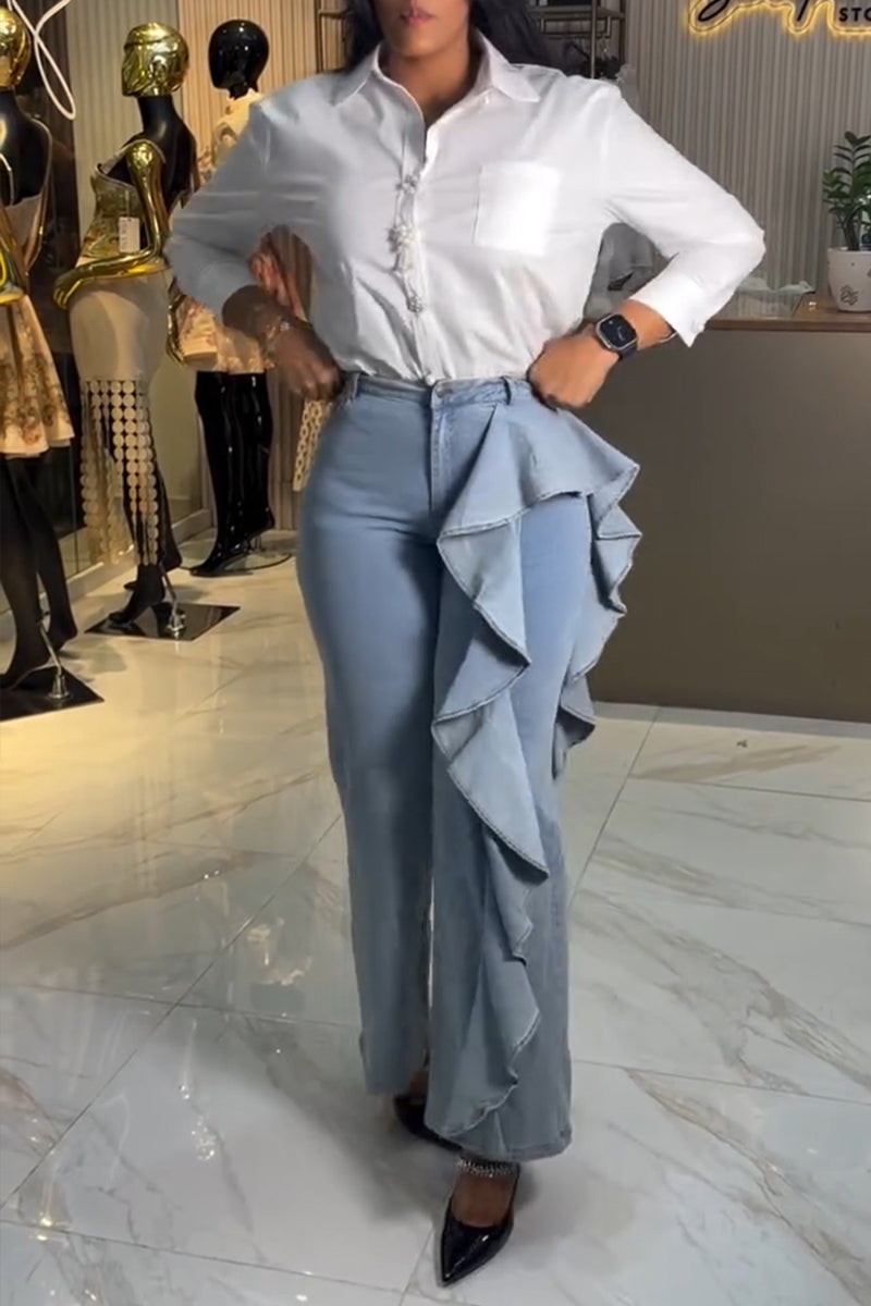 Women's Fashion One-Side Ruffle Patchwork Straight Jeans