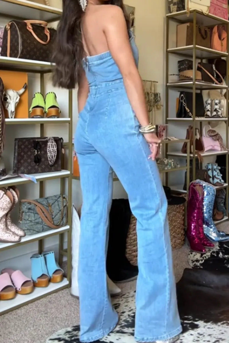 Women's Casual Faux Two Piece Rhinestone Strapless Denim Jumpsuit