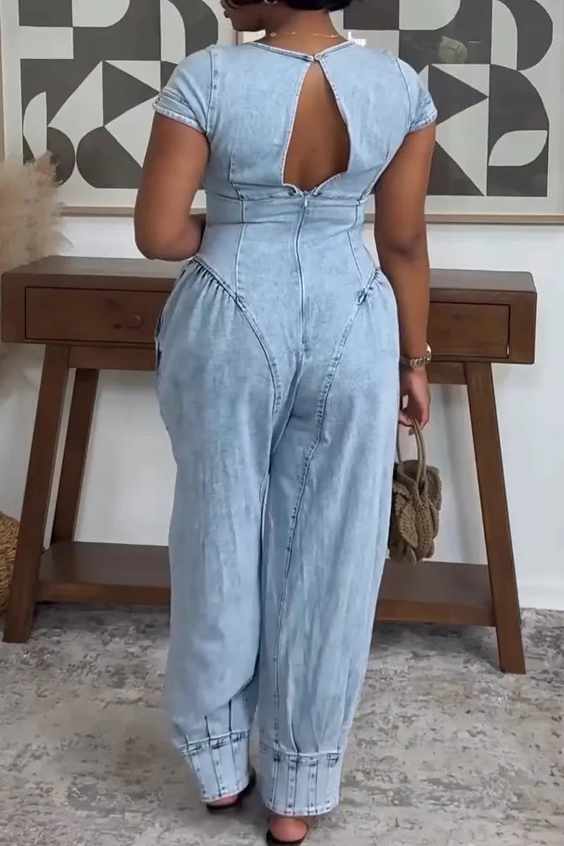 Women's Casual Waist Cinching Pleated Denim Jumpsuit