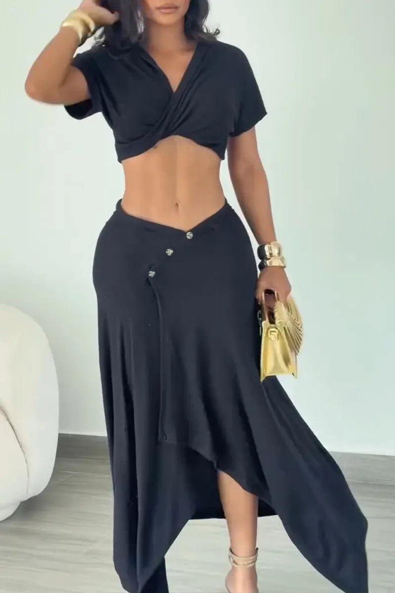 Women's Casual Short Top Asymmetric Hem Skirt Two-Piece Set
