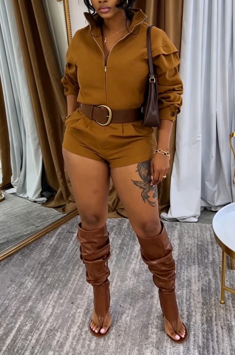 Women's Collar Solid Color Temperament Casual Short Jumpsuit