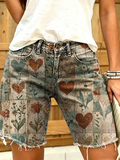 Women's Retro Heart-and-flower Artistic Print Denim Shorts