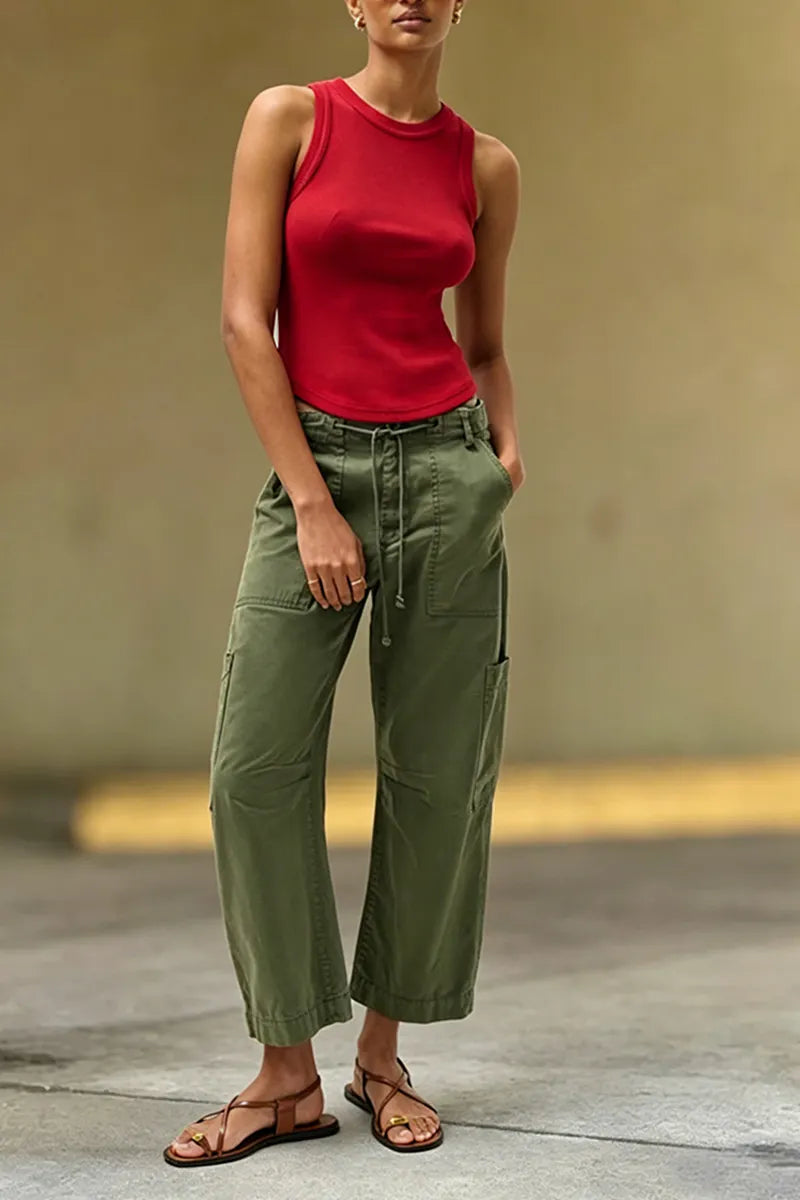 Women's Casual Versatile Waist Drawstring Trim Barrel Jeans