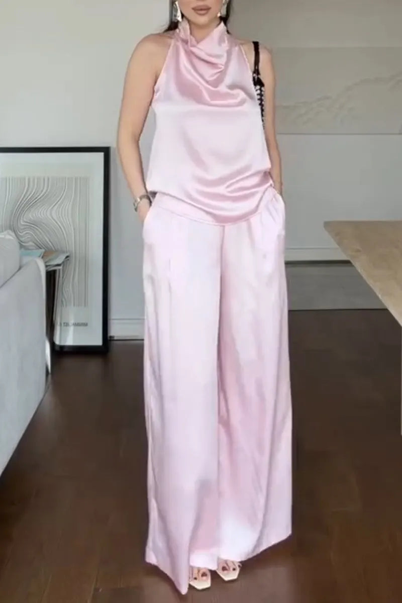 Women's Elegant Drape Satin Vest Pants Two-Piece Set