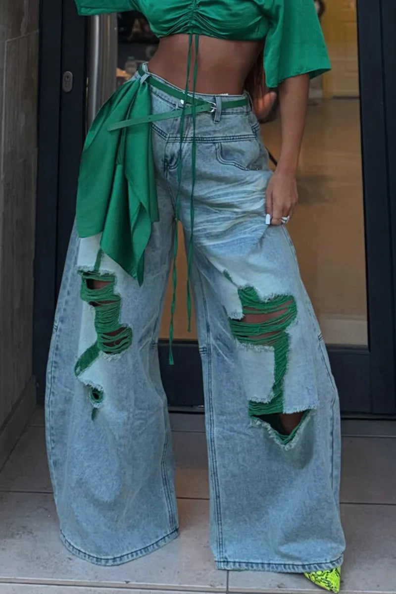 Women's Fashion Short Drawstring Pleated Top or Ripped Wide Leg Jeans