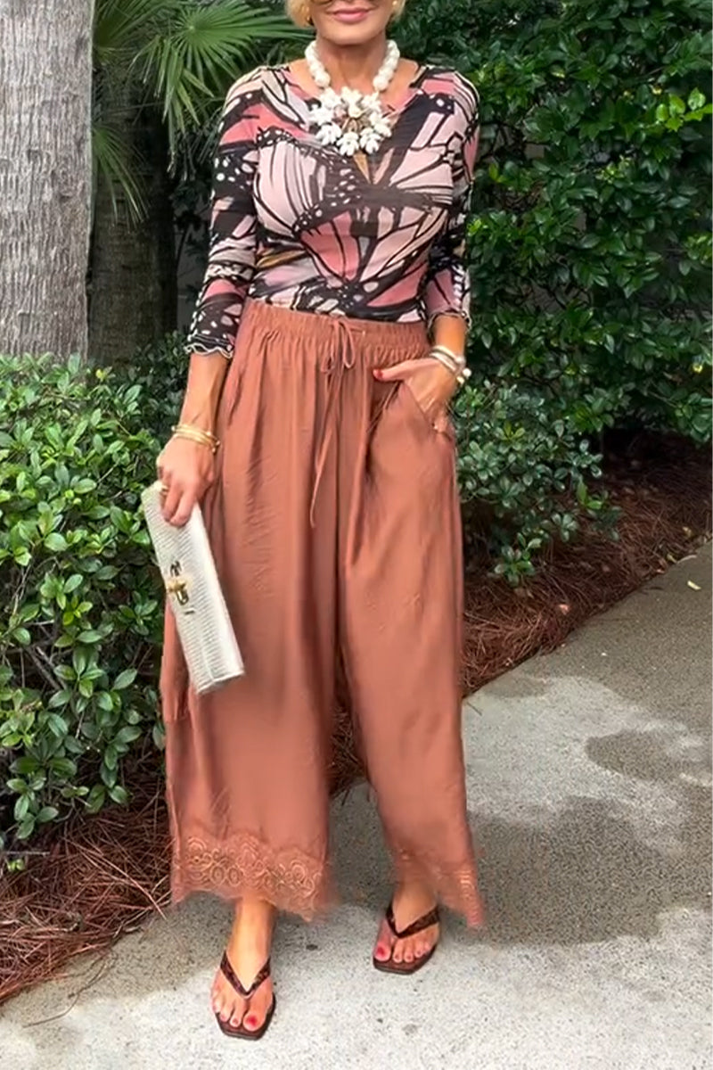 Women's Casual Round Neck Printed Top or Drawstring Wide Leg Pants