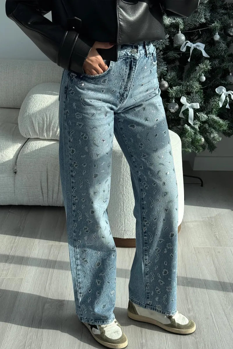 Ladies' Hot Selling Casual Rhinestone Denim Straight Leg Pants In Spring And Summer