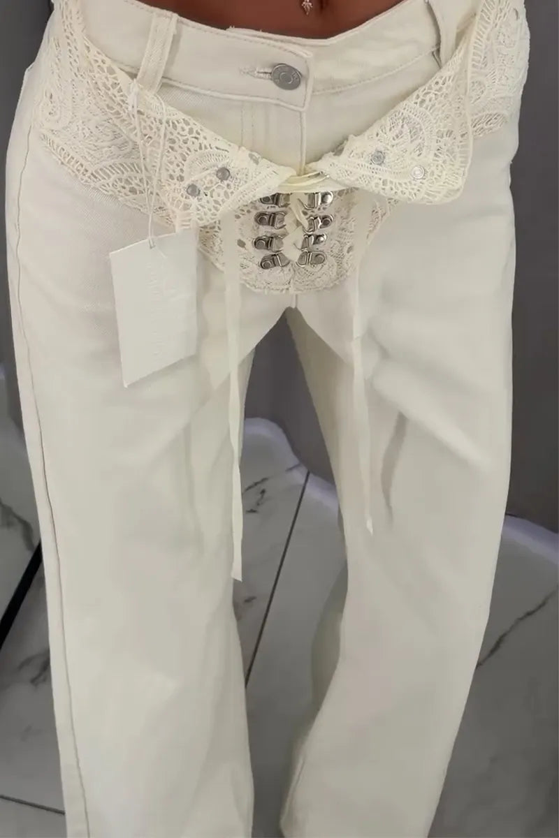Women Patchwork Lace Patterned Casual Jeans