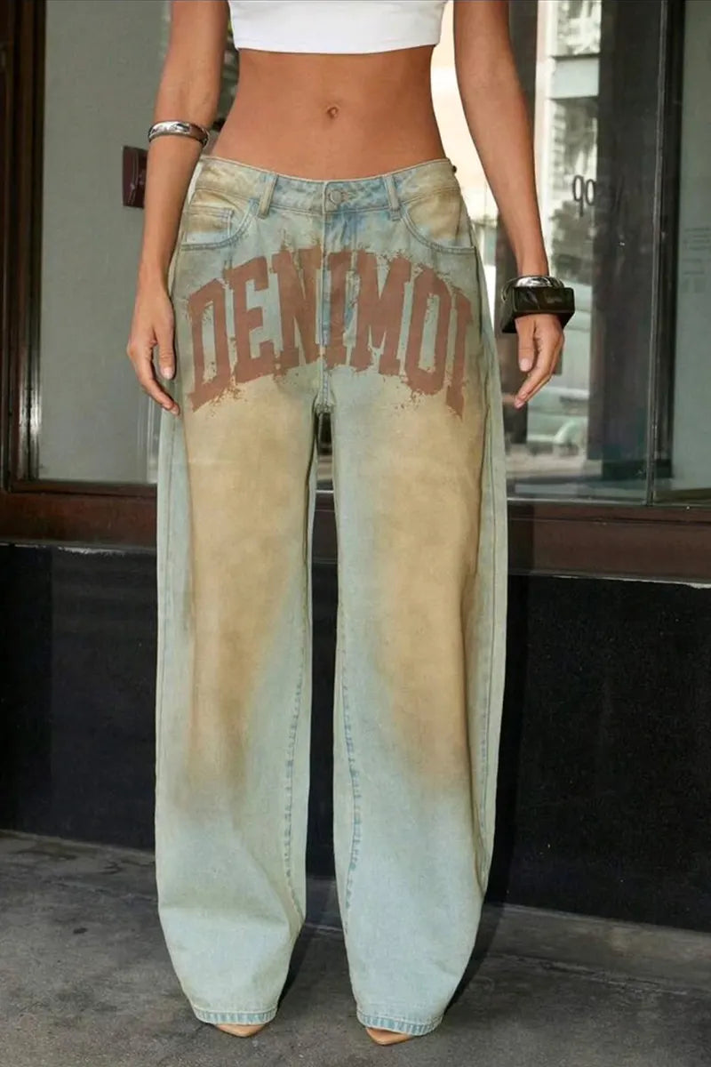 Women's Casual Distressed Wash Letter Print Wide Leg Jeans
