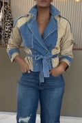Women Casual Collar Patchwork Denim Jacket or Washed Ripped Jeans