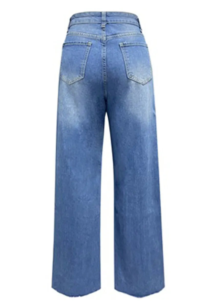 Women's Casual Ripped Washed Raw Wide Leg Jeans