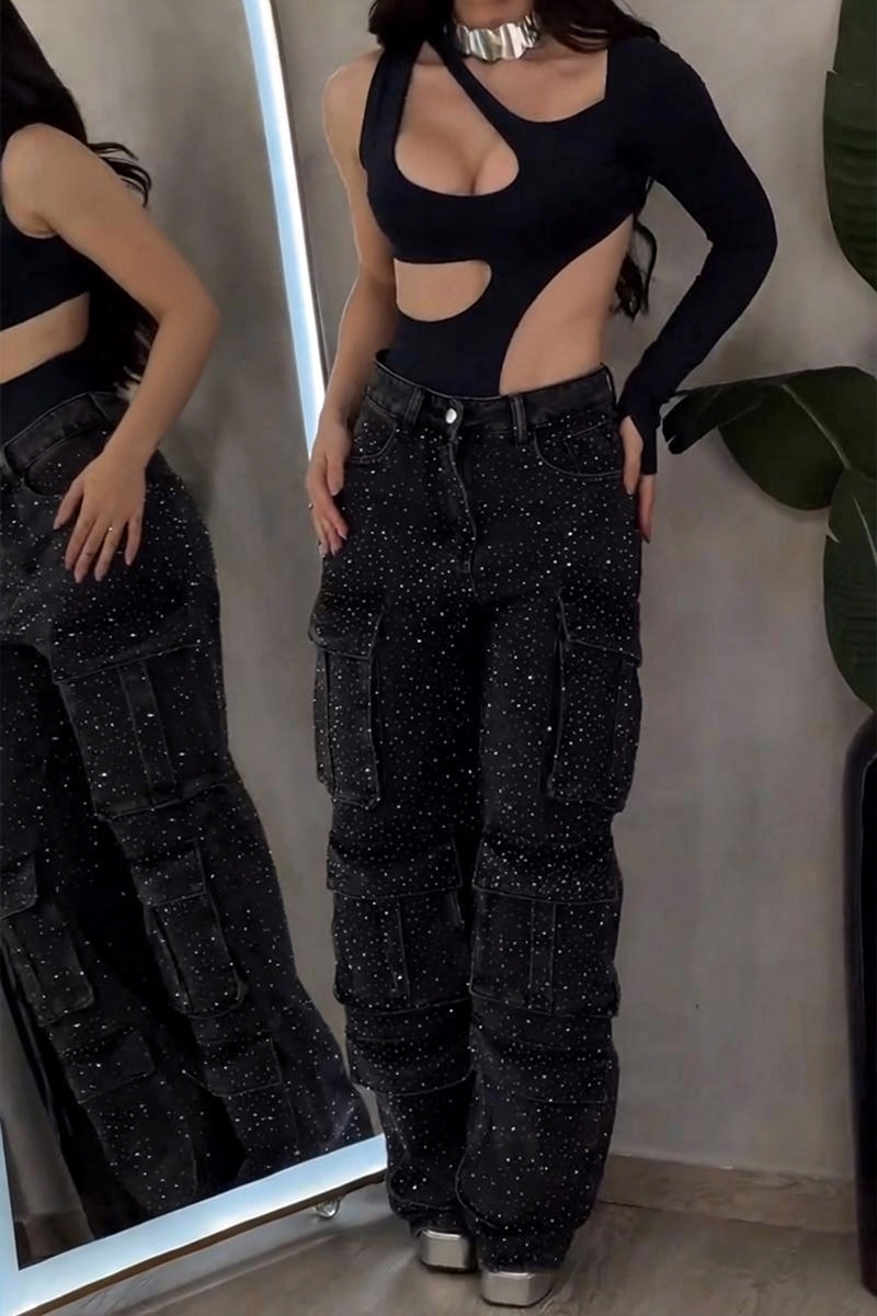 Women's Fashion Shiny Rhinestone Cargo Jeans