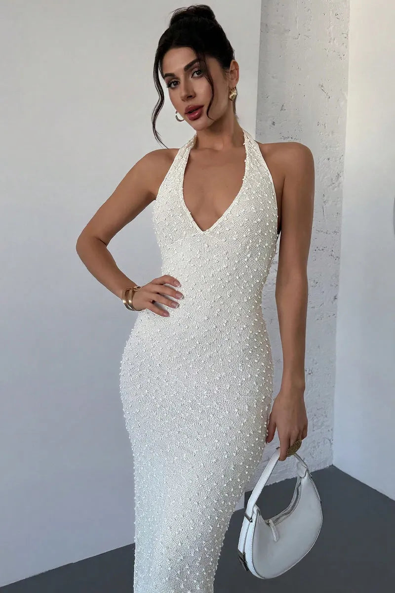 Women French Elegant Halter Neck Bodycon Maxi Dress