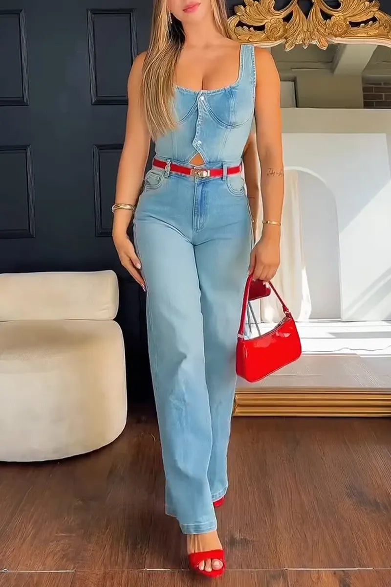 Women's U-neck Patchwork Washed Casual Denim Jumpsuit