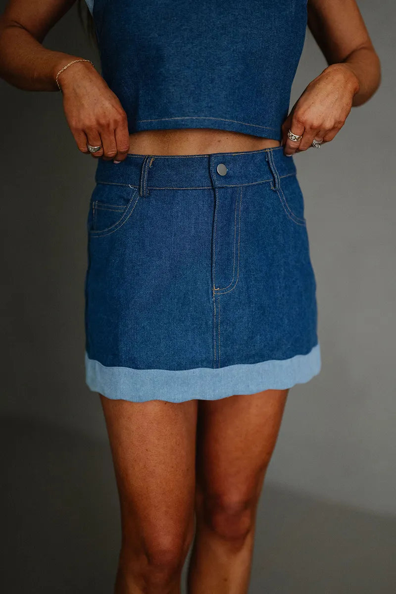Women's Casual Off Shoulder Denim Top Or Short Denim Skirt