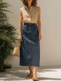 Resort Style Sleeveless Top And Denim Skirt Set