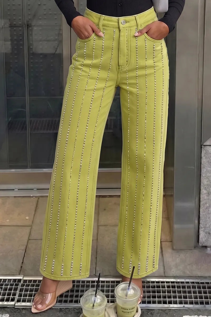 Women's Rhinestone Striped Wide Leg Jeans High Waisted Lime Green Glitzy Denim Pants