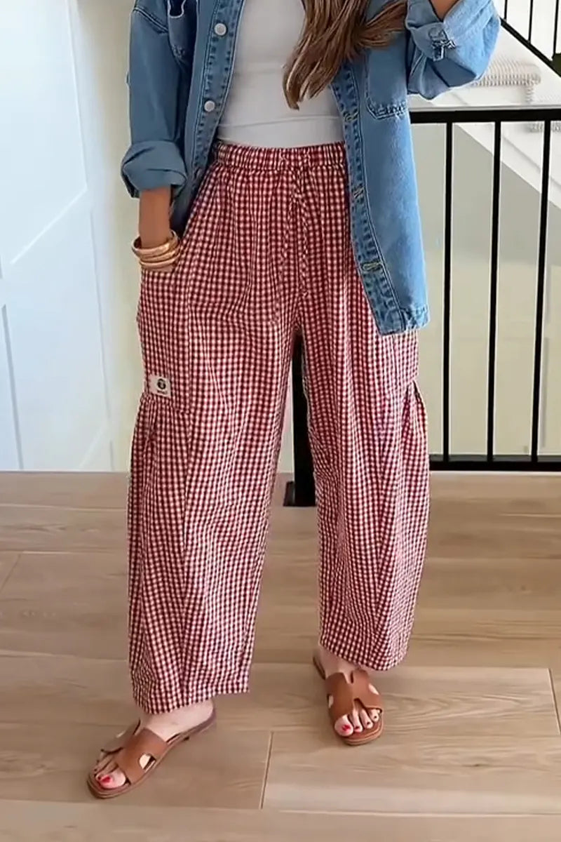 Women Drawstring Plaid Casual Loose Linen Pants