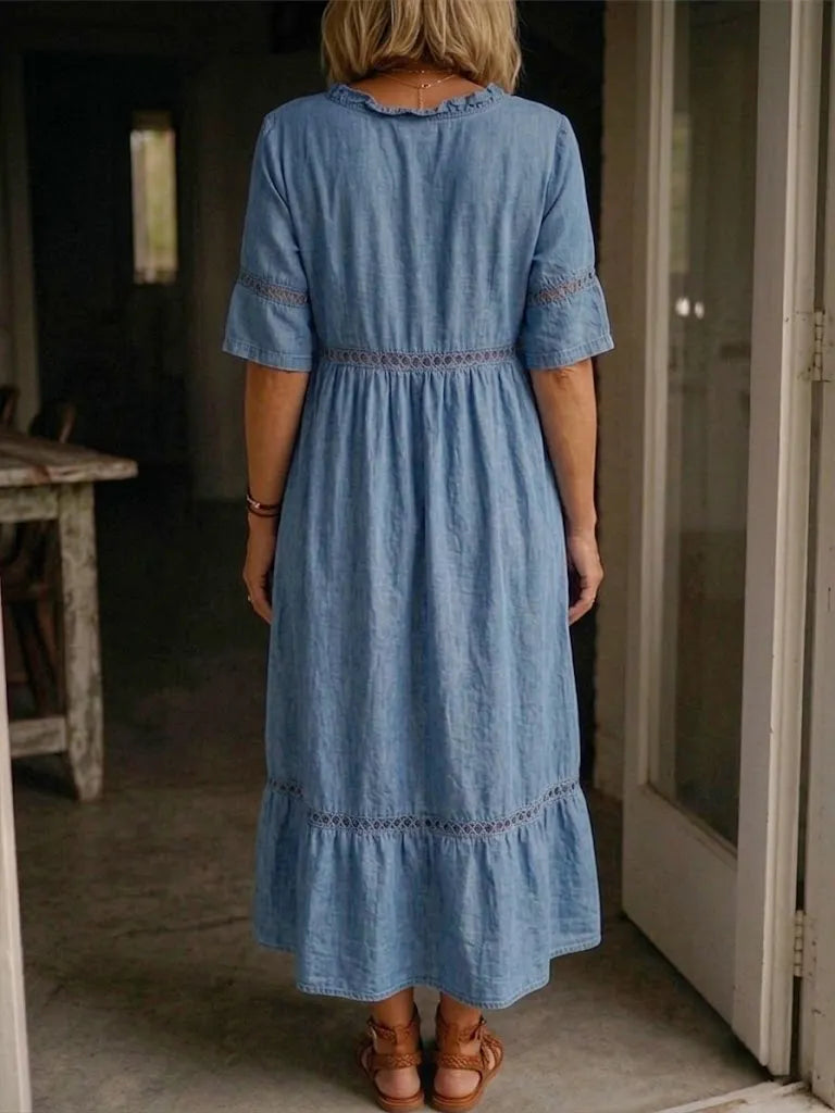 Casual Denim Dress With Cutout Webbing And Ruffled Collar