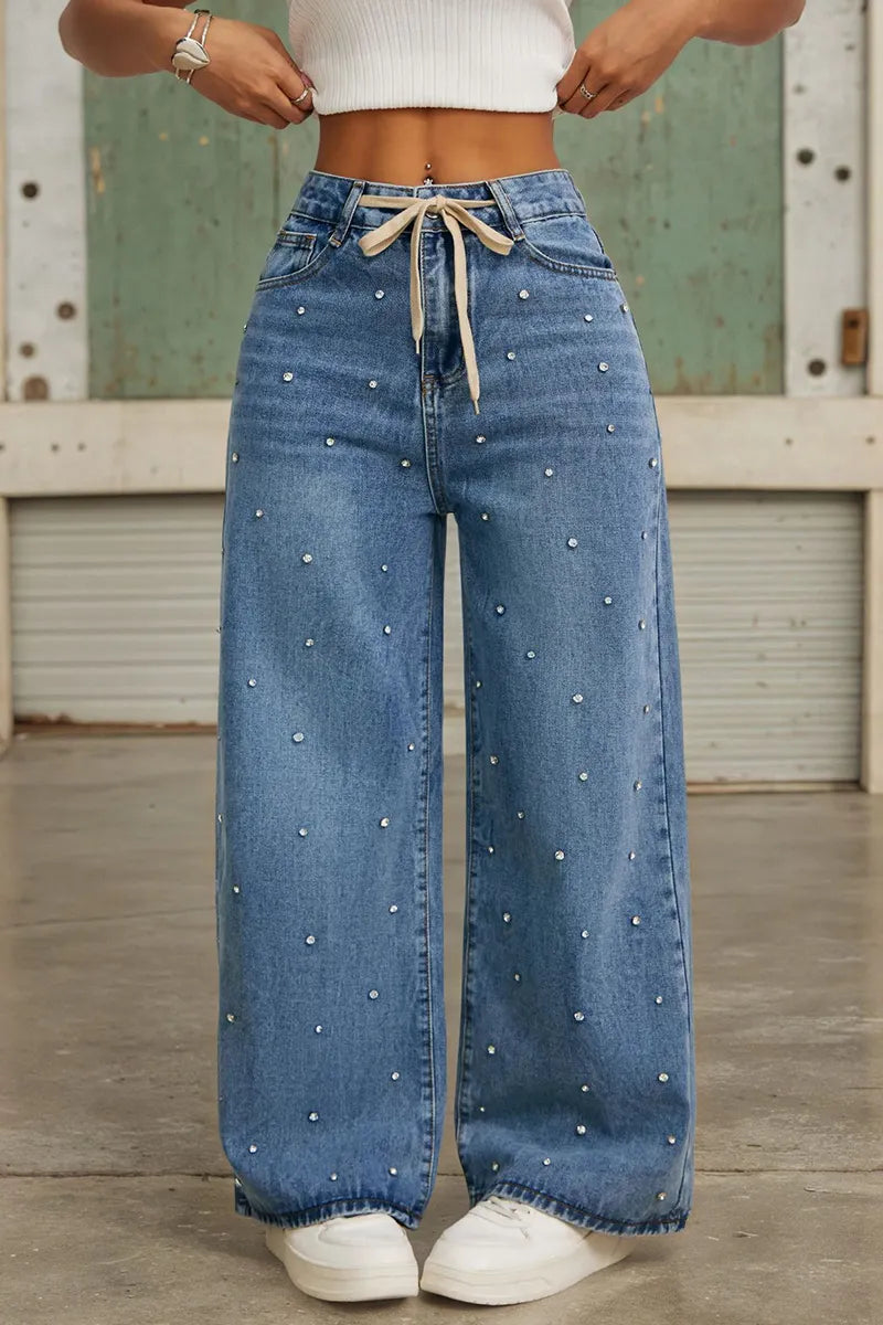 Women's Tie-Waist Design with Rhinestone Studded Jeans