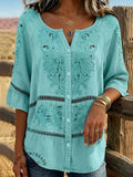 Vintage Floral Print Casual 3/4 Sleeves Hollow Denim Shirt