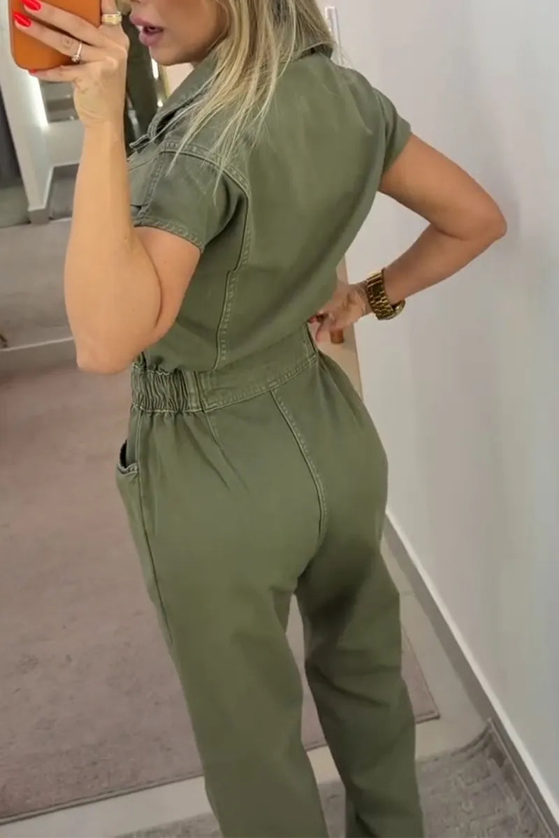 Women's Flip Collar Buckle Splicing Waist Cinching Casual Jumpsuit