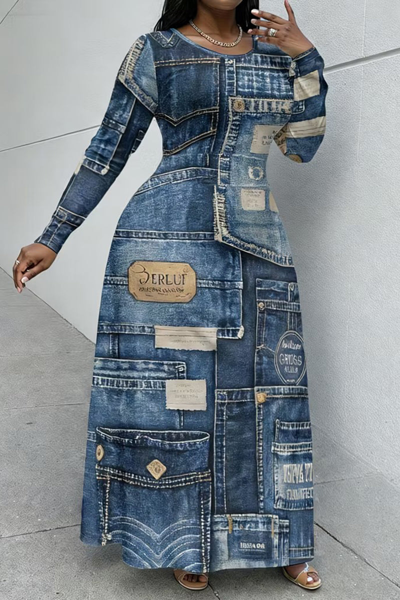 Women's Casual 3D Faux Denim Print Long Sleeve Dress