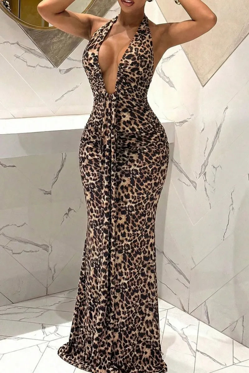 Leopard Print Halter Neck Maxi Dress with Deep Plunging V-Neck