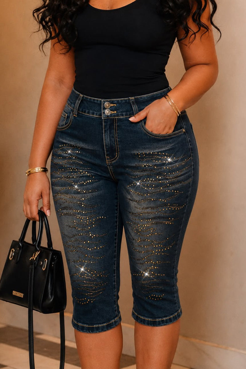 Women's Dark Wash Bling Wave Rhinestone Embellished Mid Calf Denim Capris
