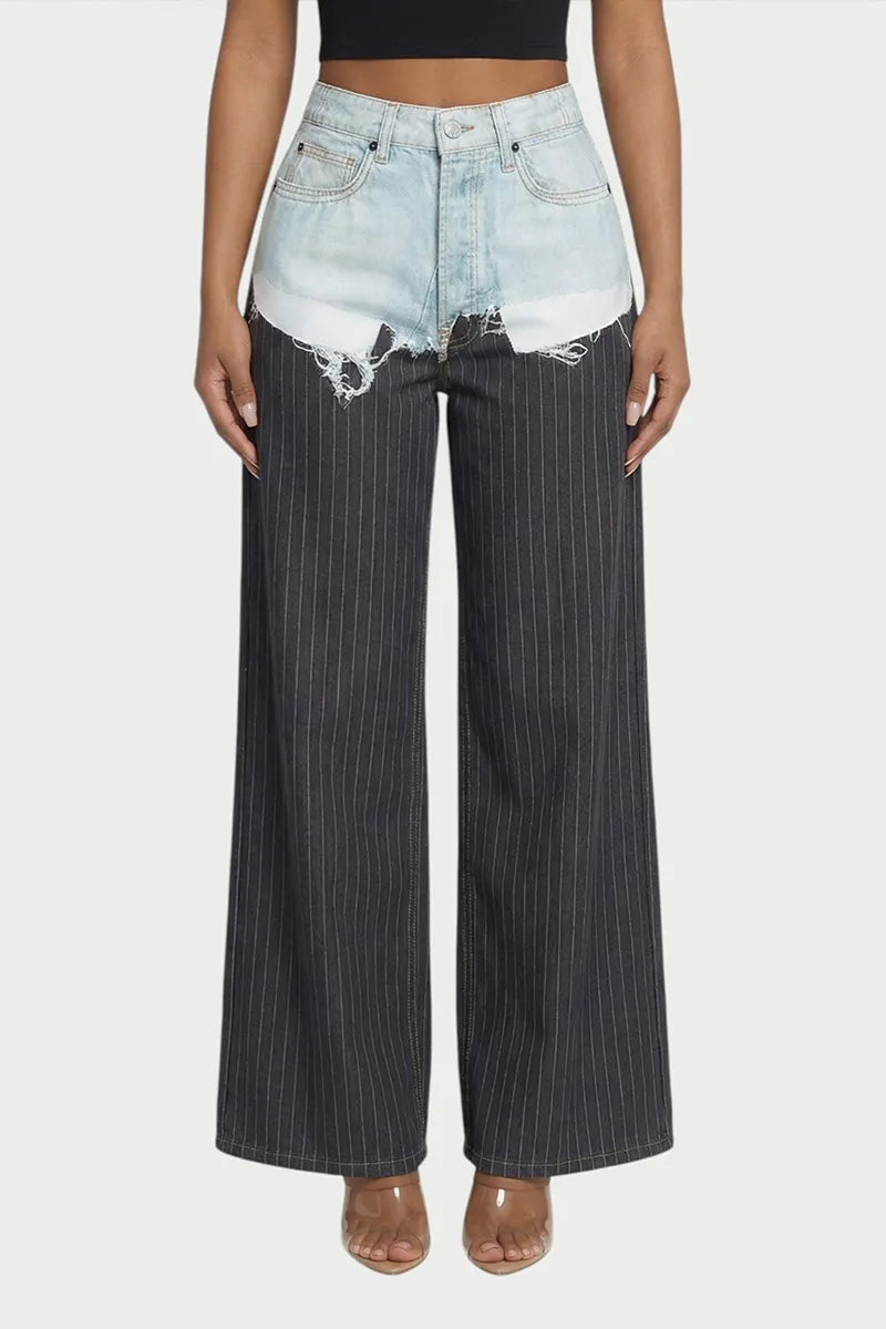 Women Color Block Frayed Waist Pinstripe Wide Leg Denim Jeans