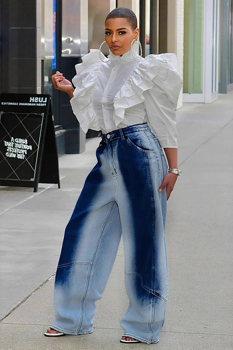 Women's Vintage Faded Wide-Leg Flared Jeans