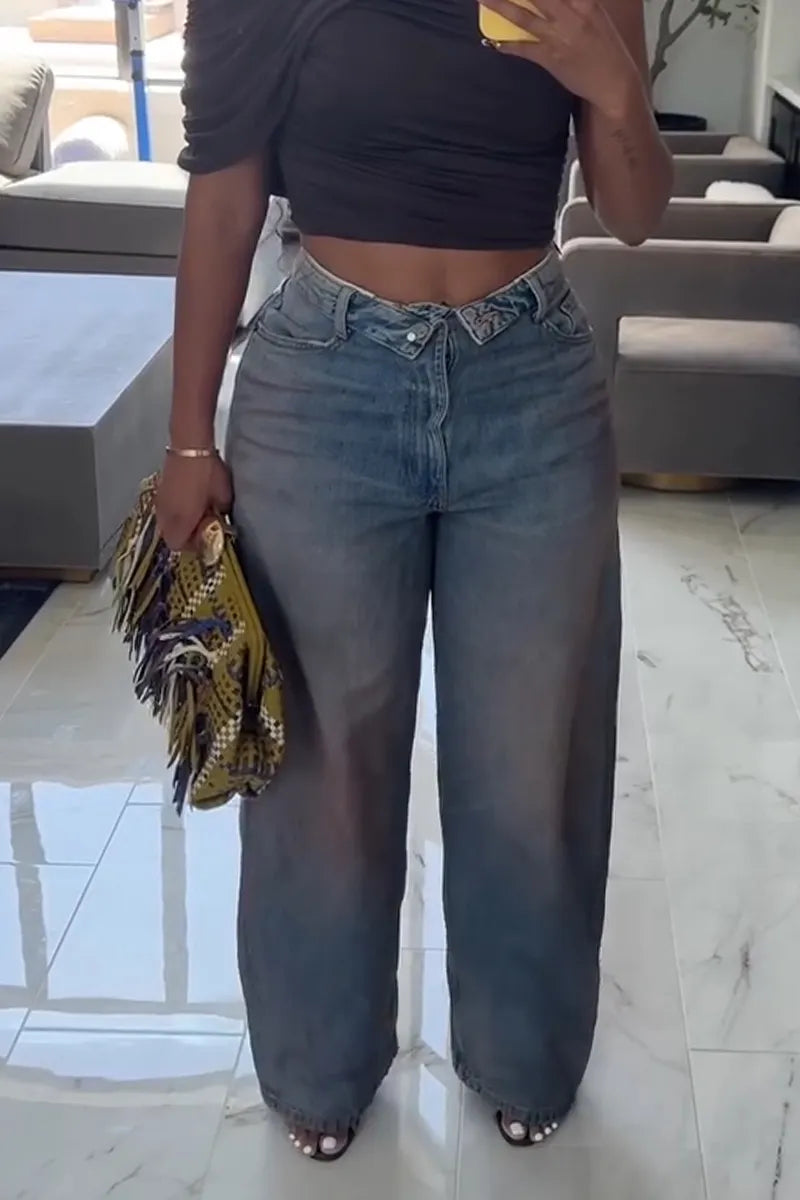 Women Make Vintage Washed Casual Wide Leg Jeans