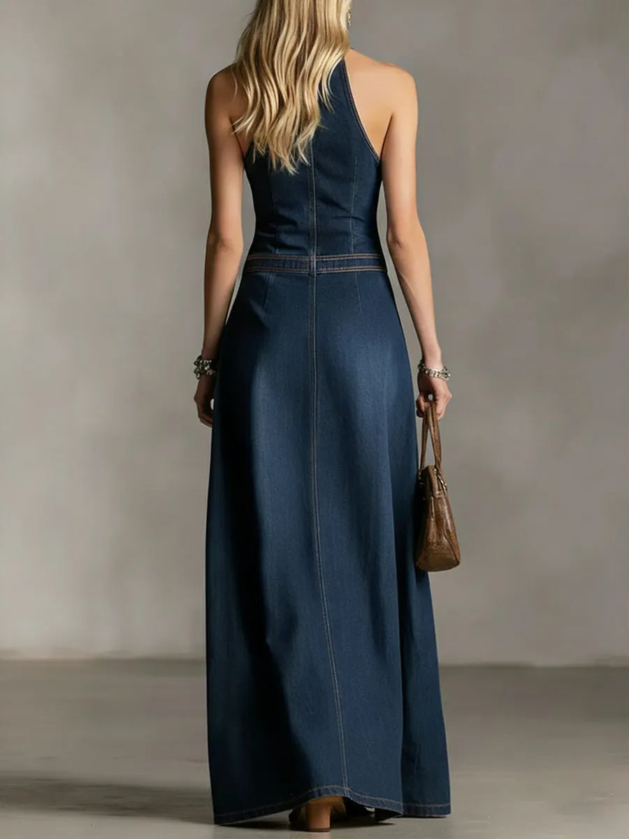 Stylish Slim Fit Sleeveless Denim Maxi Dress