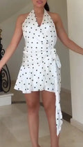 Women Neck Hanging Sleeveless Back Hollowed Out Polka Dot Print Elegant Casual Dress