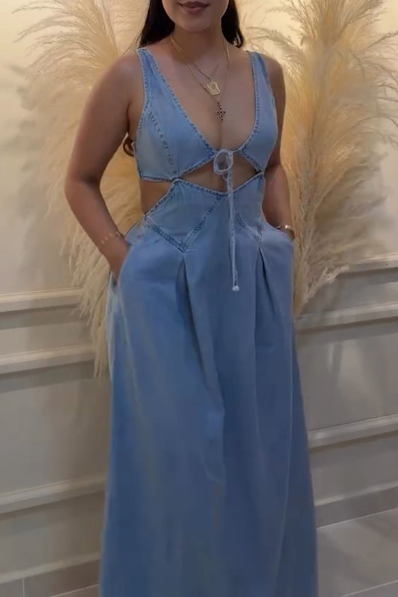 Women's Casual Waist Cut-Out Denim Wide Leg Jumpsuit
