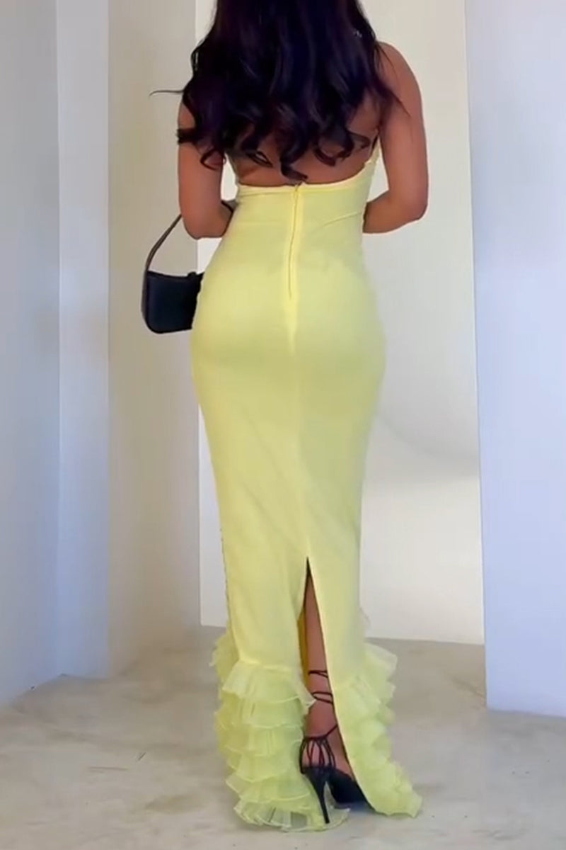 Women's Elegant Slim Pleated Ruffle Hem Maxi Dress
