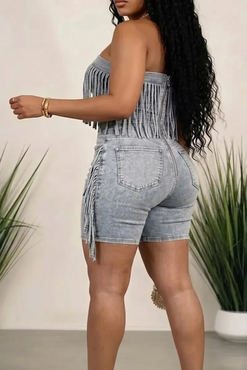 Women's Denim Fringe Romper with All-Over Fringe Trim & Acid-Wash Finish