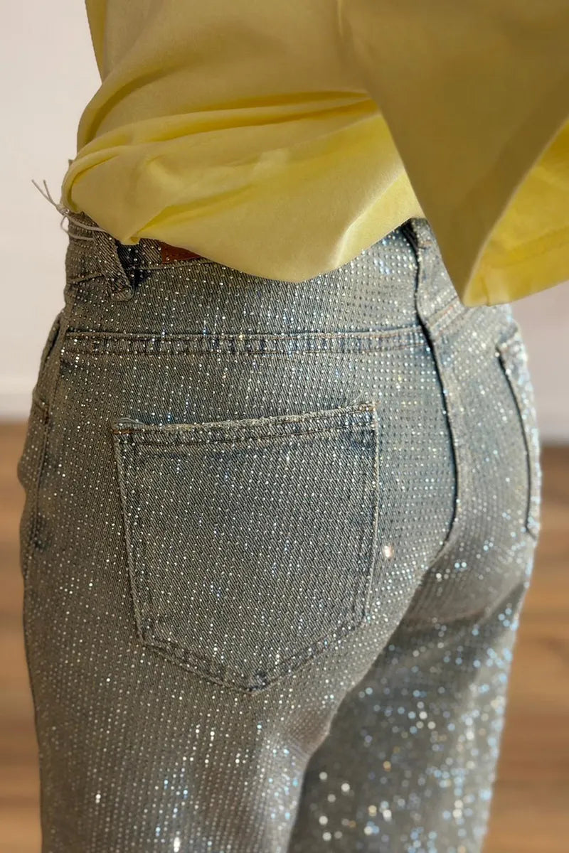 Women's Fashion Sparkling Rhinestone Cropped Jeans