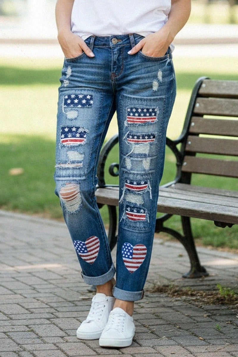 Ladies' Casual And Fashionable American Flag Star Pattern Distressed Straight Leg Jeans