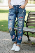 Ladies' Casual And Fashionable American Flag Star Pattern Distressed Straight Leg Jeans